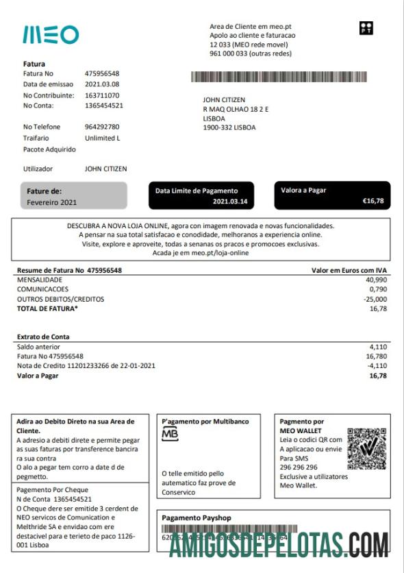 em branco Modelo de fatura de serviços públicos MEO Portugal em formato Word e PDF, totalmente editável